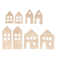 přízdoby z dřevěné dýhy - velké domečky, 8ks, 5,5-10cm