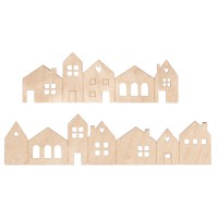 přízdoby z dřevěné dýhy - mini domečky, 2ks, 10,6x3,4cm + 2ks, 14x3,4cm